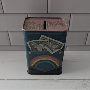 Vintage Hallmark Pocket Money Tin Coin Bank Rainbow Butterfly Denim Jeans Design